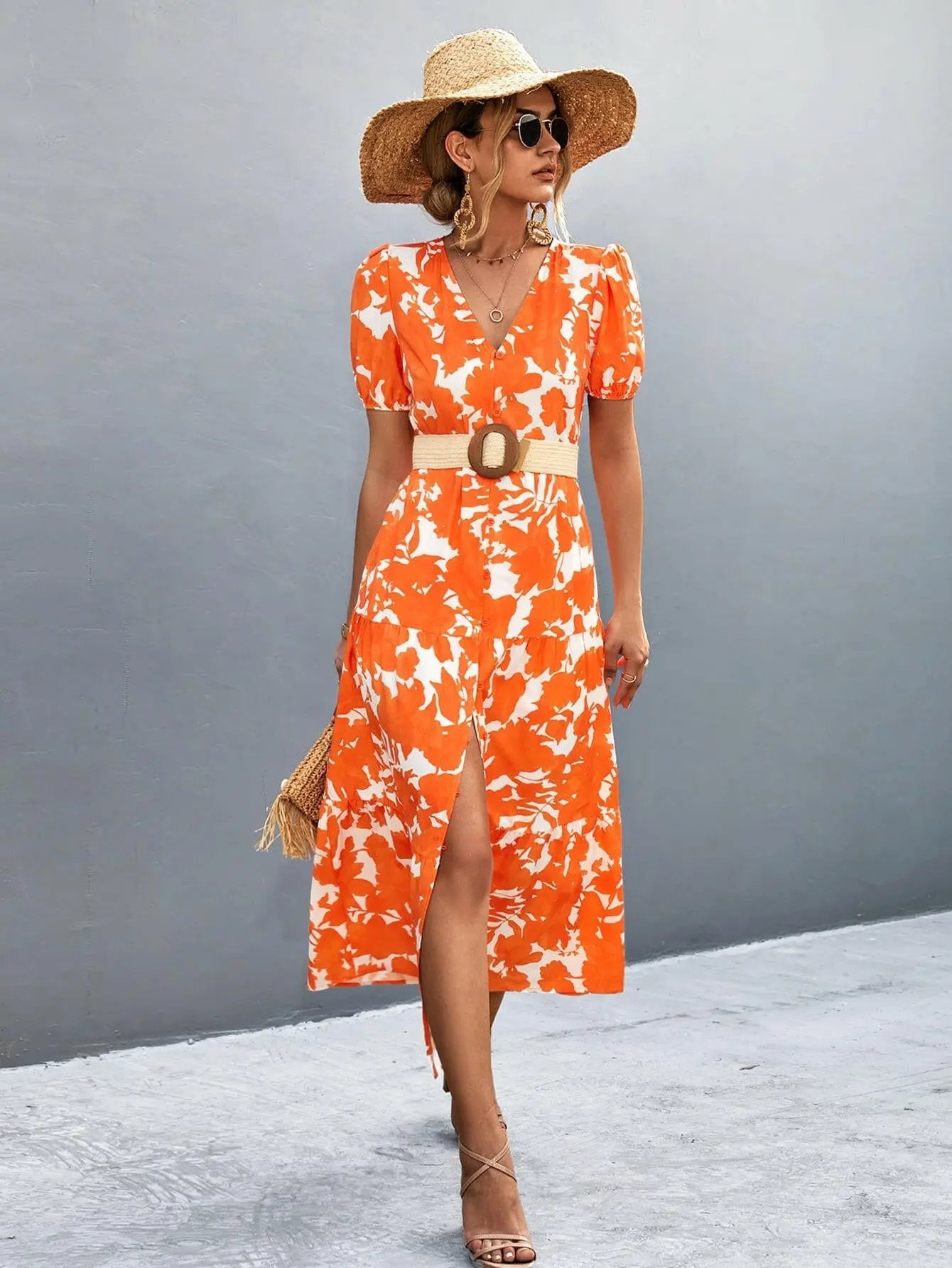 V-Neck Short Sleeve High Slit Midi Dress.