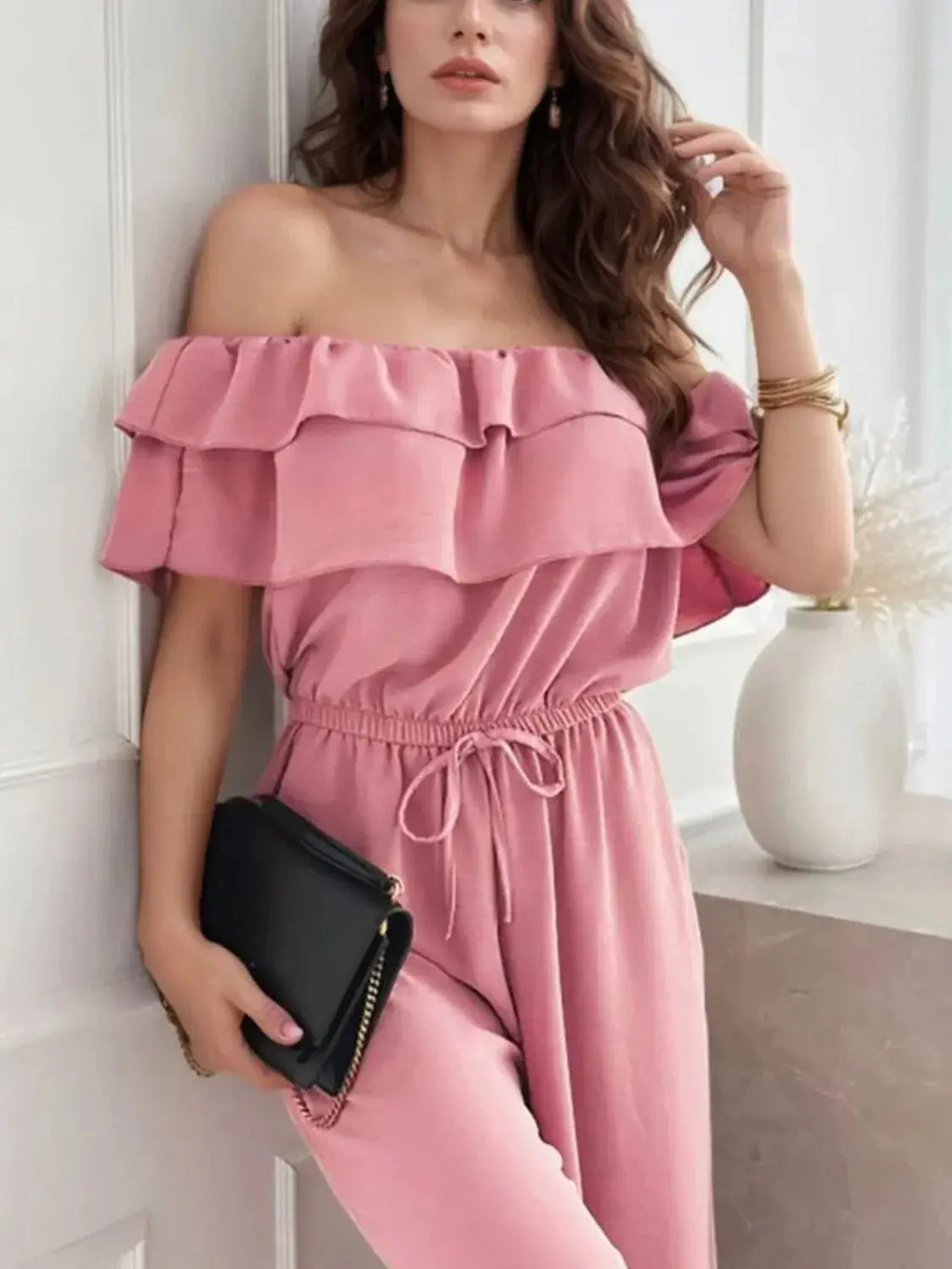 Off-Shoulder Ruffled Wide Leg Jumpsuit.
