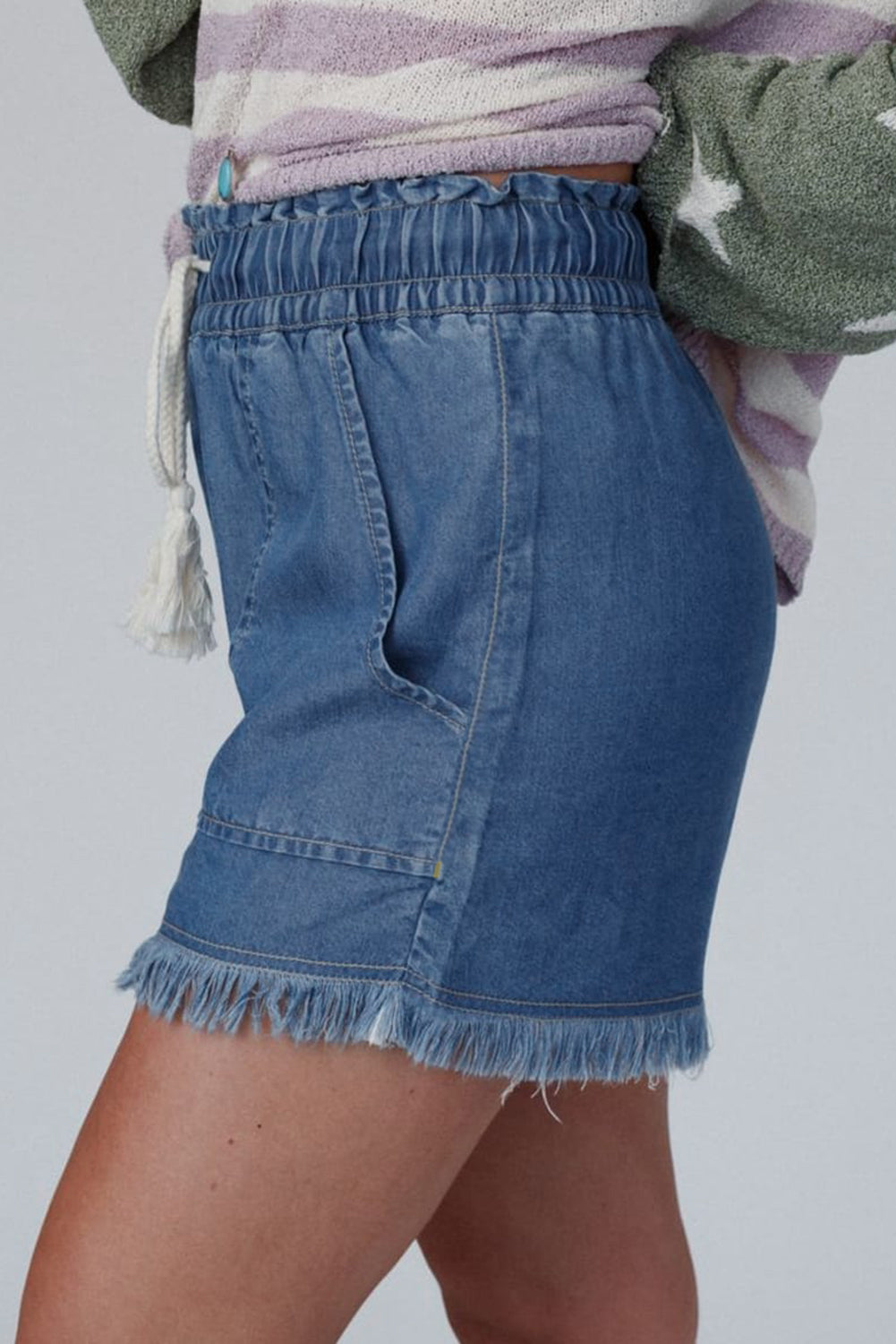 Ashleigh Blue Raw Hem Drawstring Elastic Waistband Denim Shorts with Pockets Dear-Lover Dropshipping
