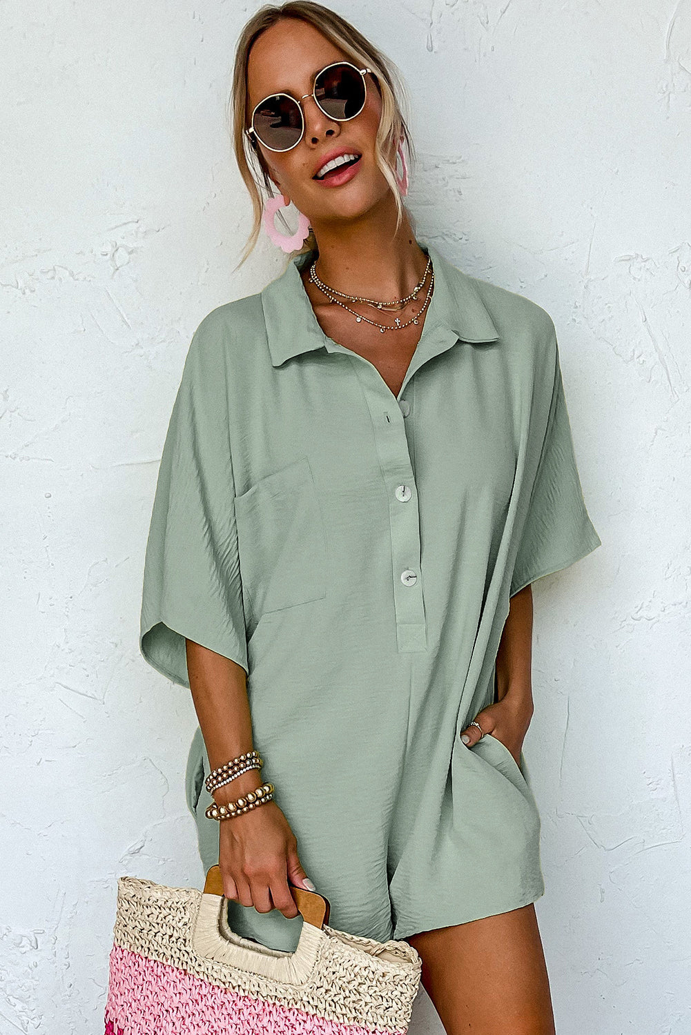 Spinach Green Half Button Collared Loose Romper Dear-Lover Dropshipping