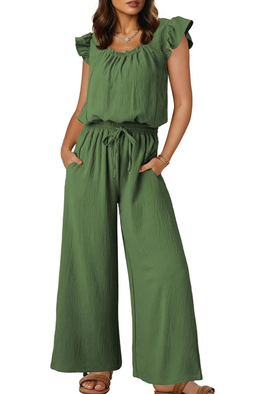 Ruffled Sleeve Wide Leg Jumpsuit.