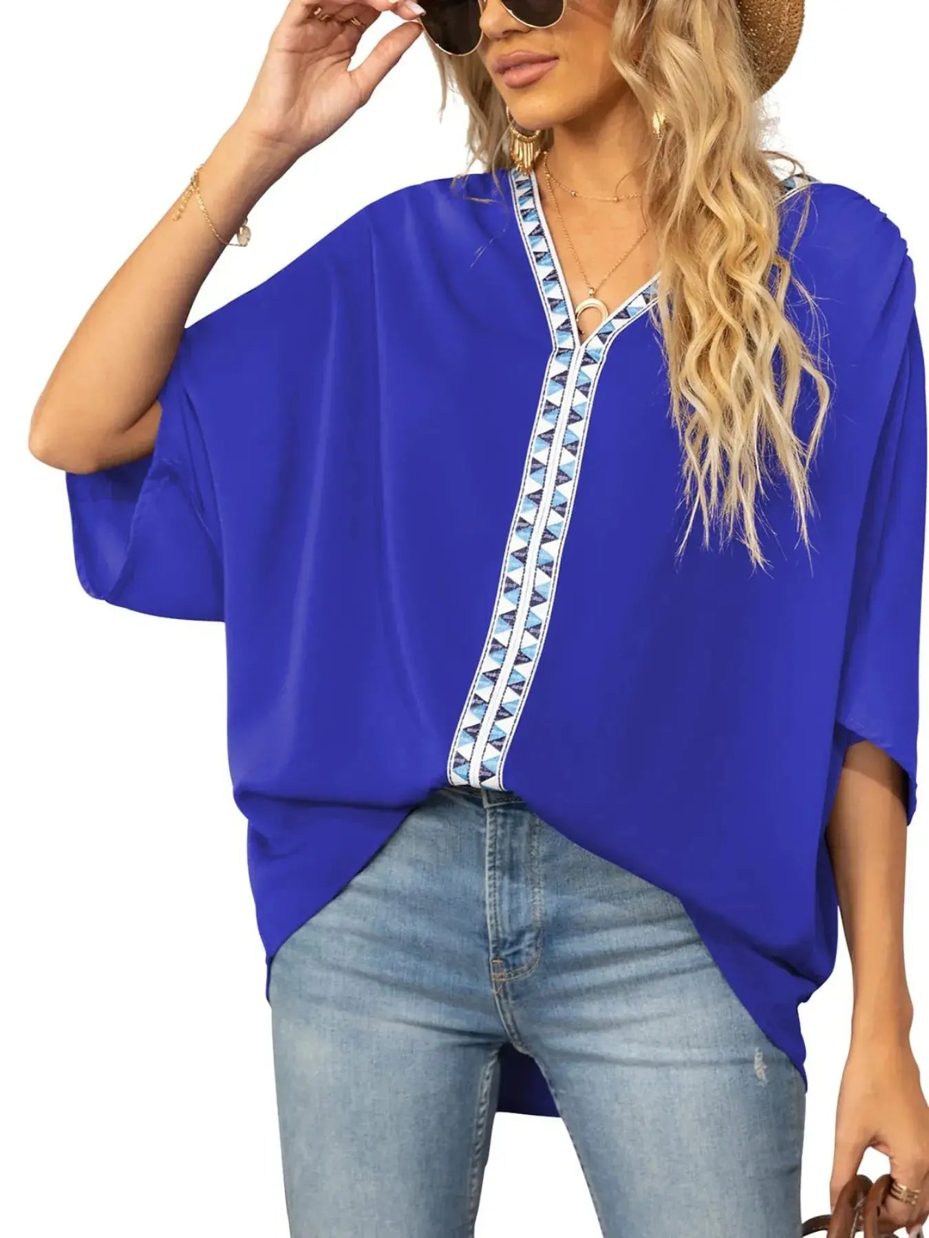 Printed Trim V-Neck Batwing Sleeve Blouse.
