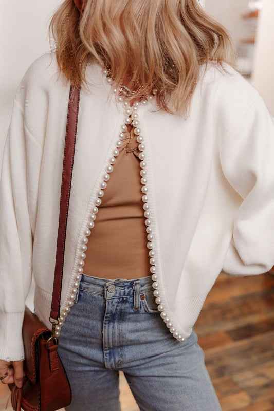 Pearl Embellished Open-Front Cardigan