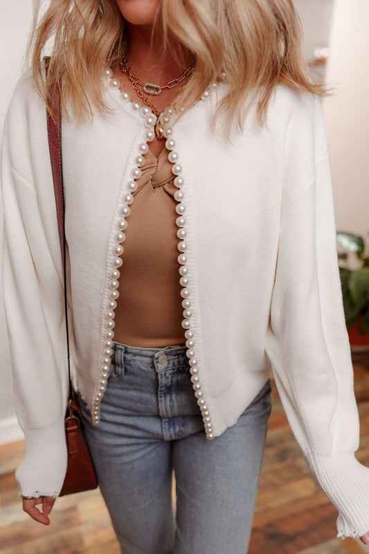 Pearl Embellished Open-Front Cardigan