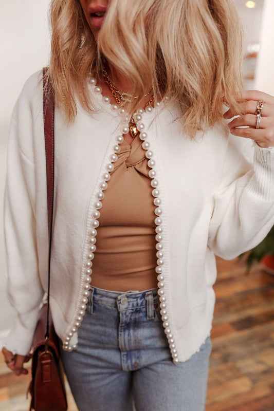 Pearl Embellished Open-Front Cardigan