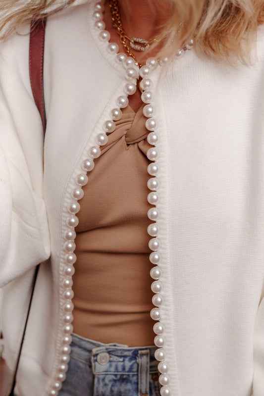 Pearl Embellished Open-Front Cardigan