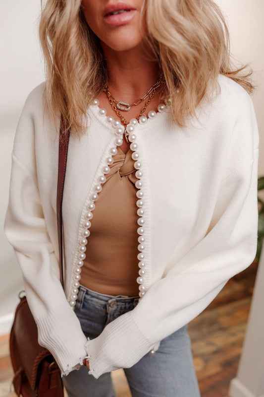 Pearl Embellished Open-Front Cardigan