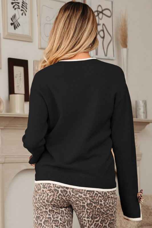 Leopard Bow Split Cuff Contrast Trim Sweater
