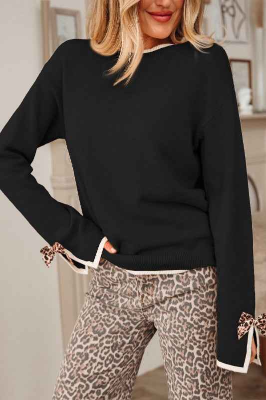 Leopard Bow Split Cuff Contrast Trim Sweater