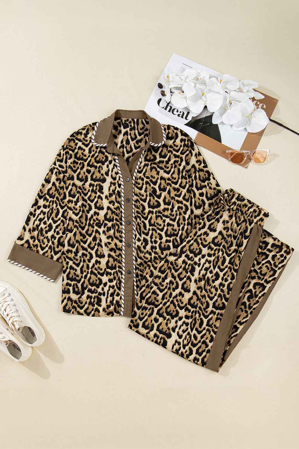 Brown Leopard Collared 3/4 Sleeve Shirt and Loose Pants Two Piece Outfit Set