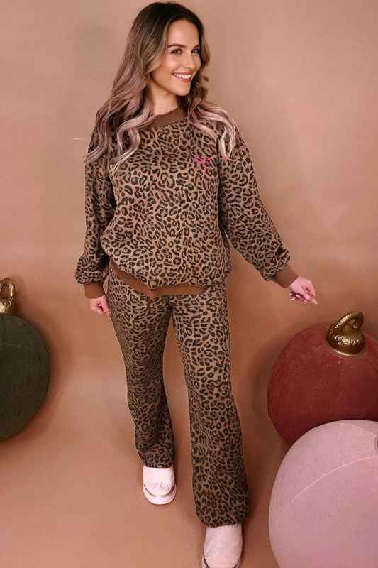 Leopard Contrast Trim Top and Pants Set