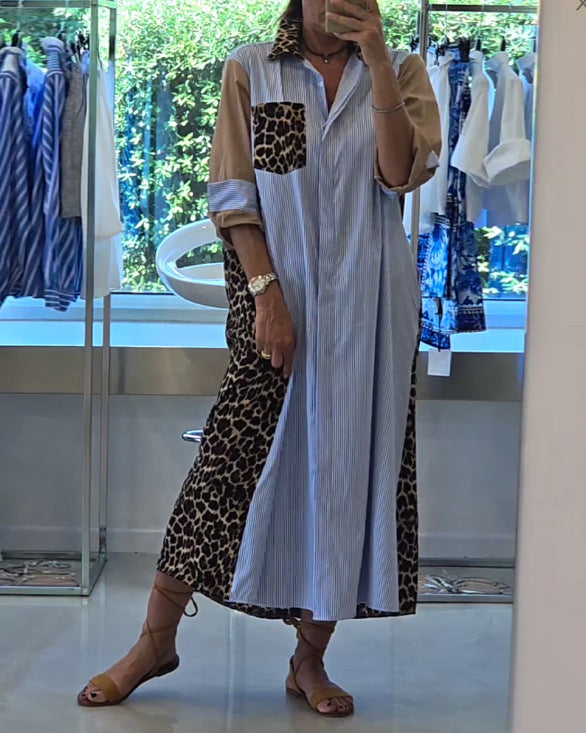 Pattern Style  Sleeve Length  One Obvious Feature  Silhouette Type of Clothing  Casual Loose Leopard Print Spliced Stripe Shirt Dress for Women
