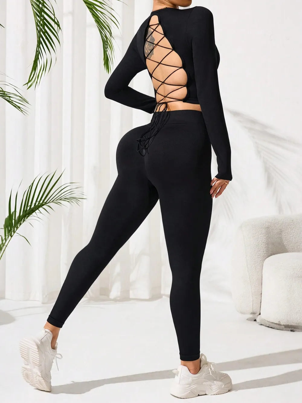 Lace-Up Back Round Neck Top and Leggings Active Set.