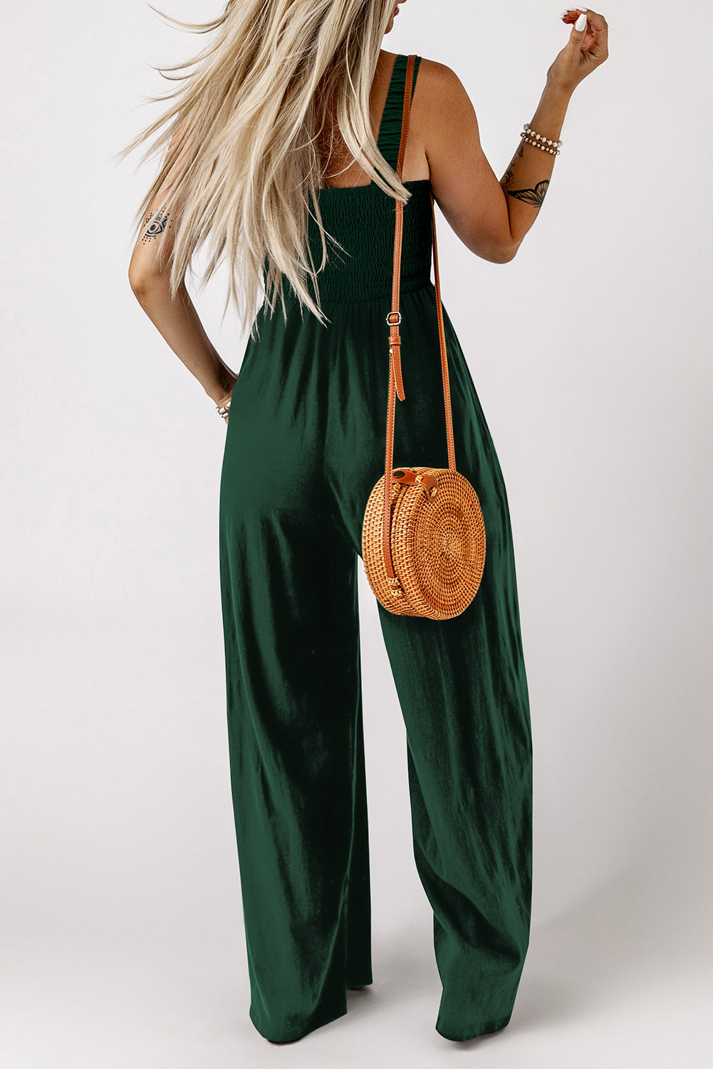 Green Smocked Sleeveless Wide Leg Jumpsuit with Pockets Dear-Lover Dropshipping