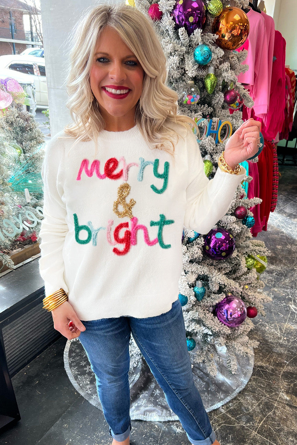 White Merry & Bright Round Neck Casual Sweater Dear-Lover Dropshipping