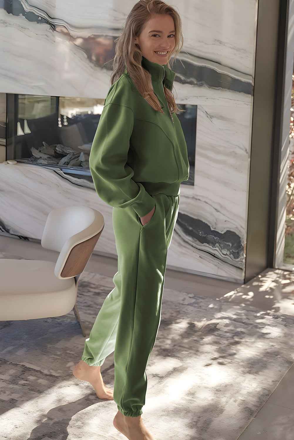 Vineyard Green Half Zip up Pullover Active Top and Joggers Set