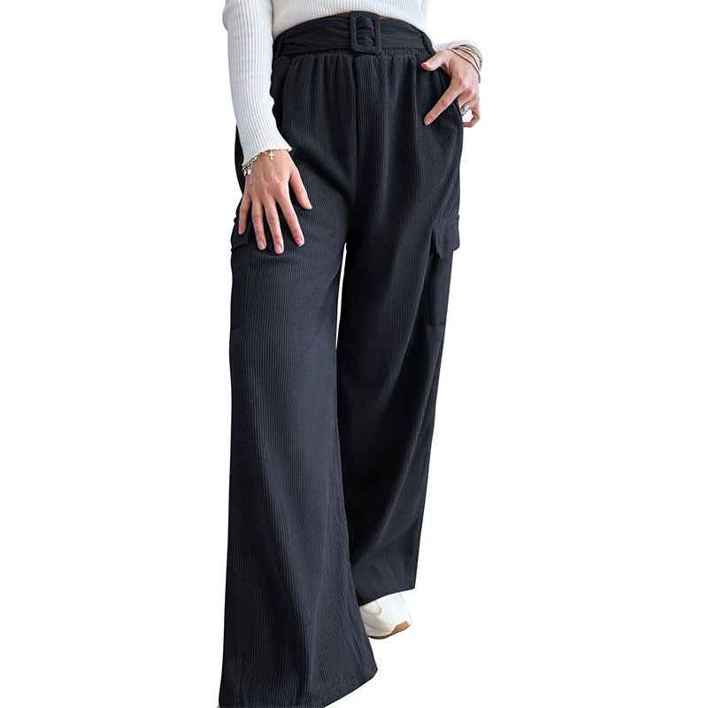 Minimalist style loose solid color corduroy wide leg pants for women