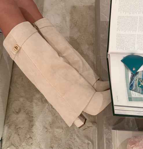 Boots with pointed toes large tube circumference straight tube metal buckle medium length tube thick heel women's boots