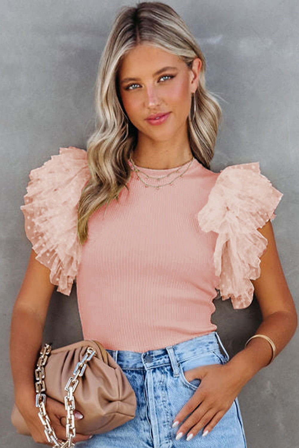 Pink Dotty Mesh Ruffle Sleeve Ribbed Knit Top Dear-Lover Dropshipping