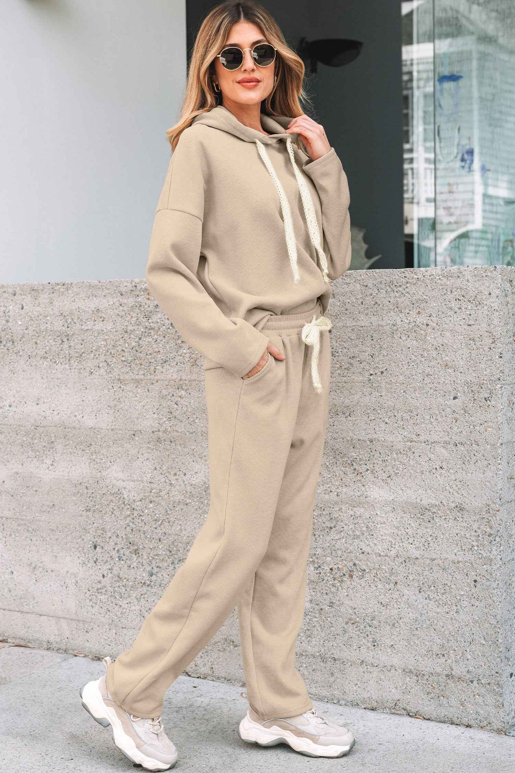 Jet Stream Lace Drawstring Pullover Hoodie and High Waist Pants Corduroy Suit
