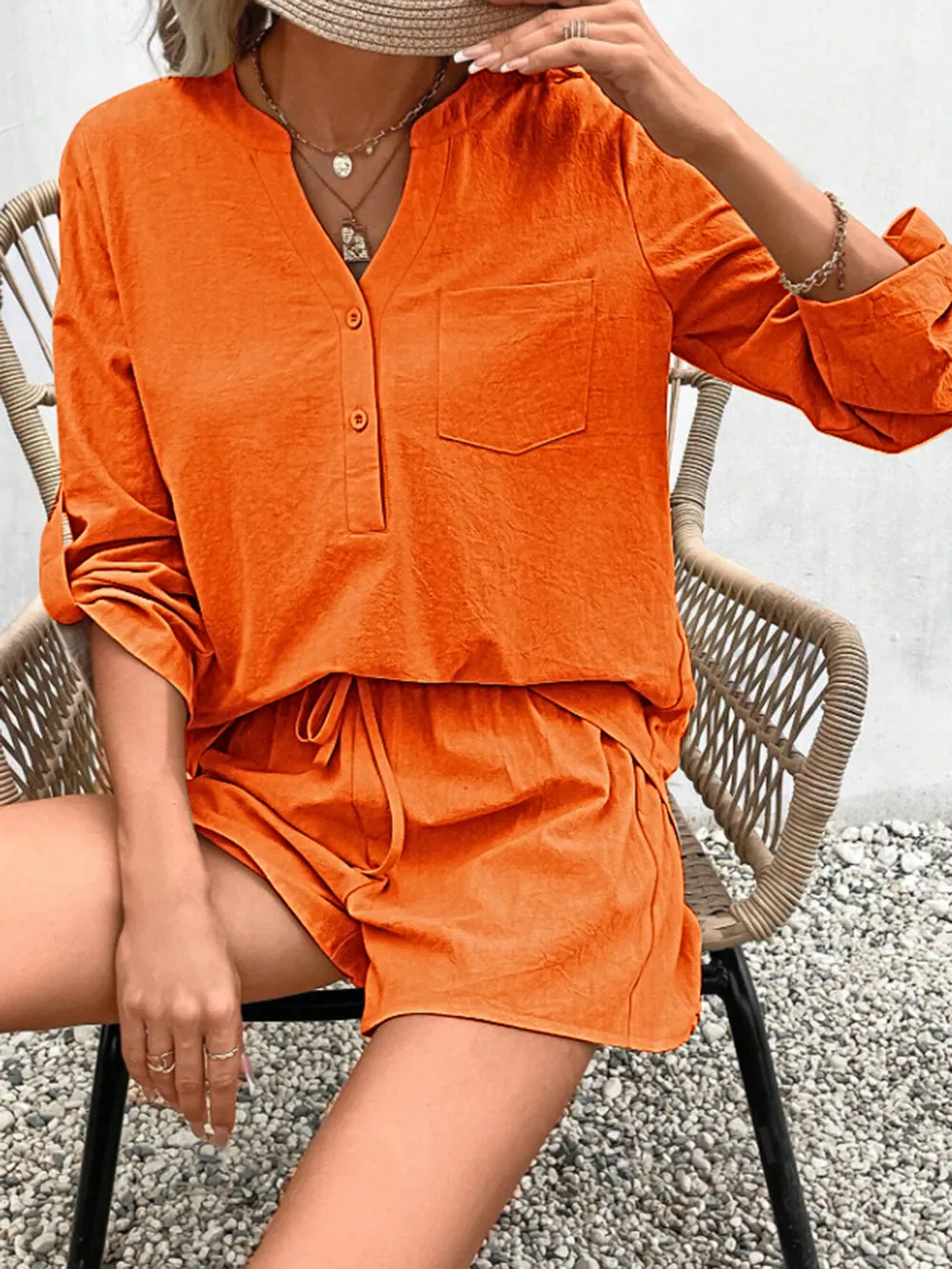 Notched Long Sleeve Top and Shorts Set - CHIC TB