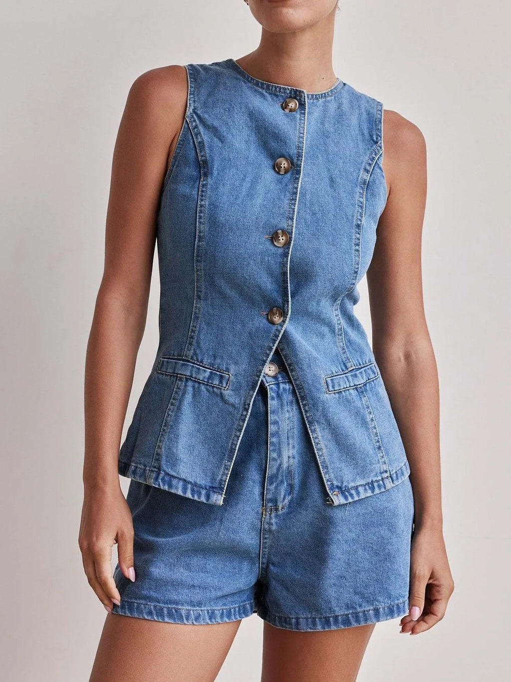 Button Down Vest and Shorts Denim Set.