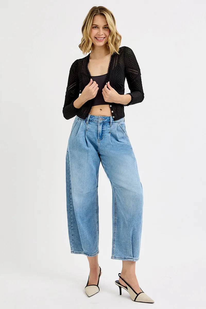 Mid Rise Fit Crop Wide Volume Leg Jeans Plus Size.
