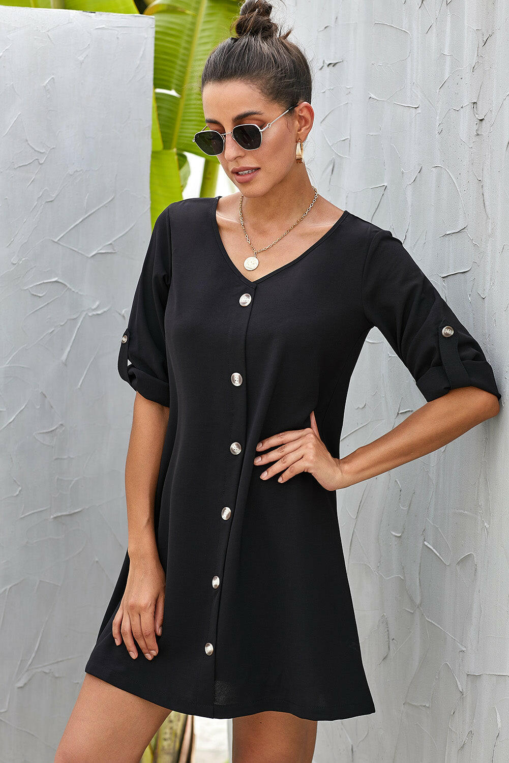 Buttoned V-Neck Dress.
