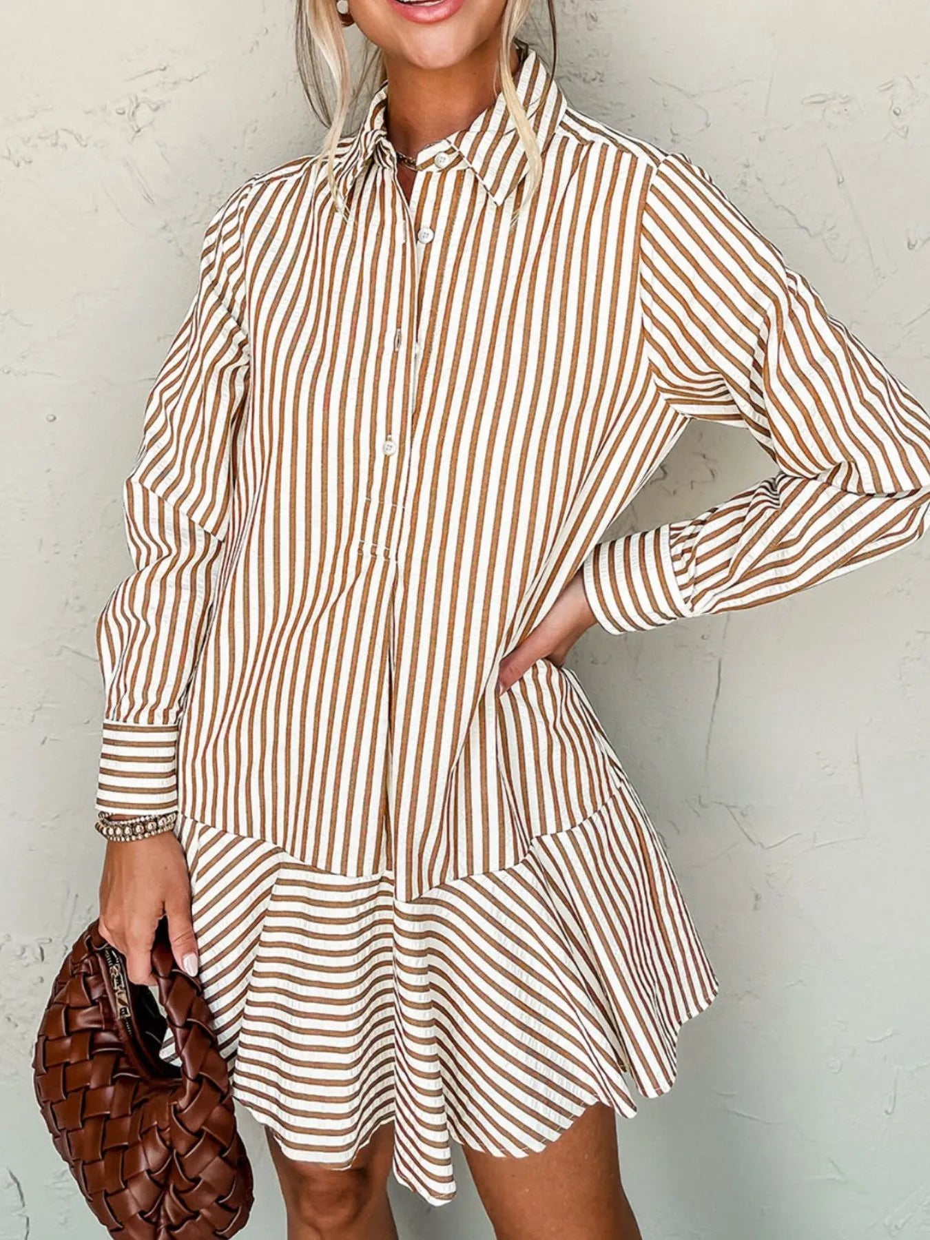 Stripe Ruffled Hem Collared Long Sleeve Shirt Mini Dress.