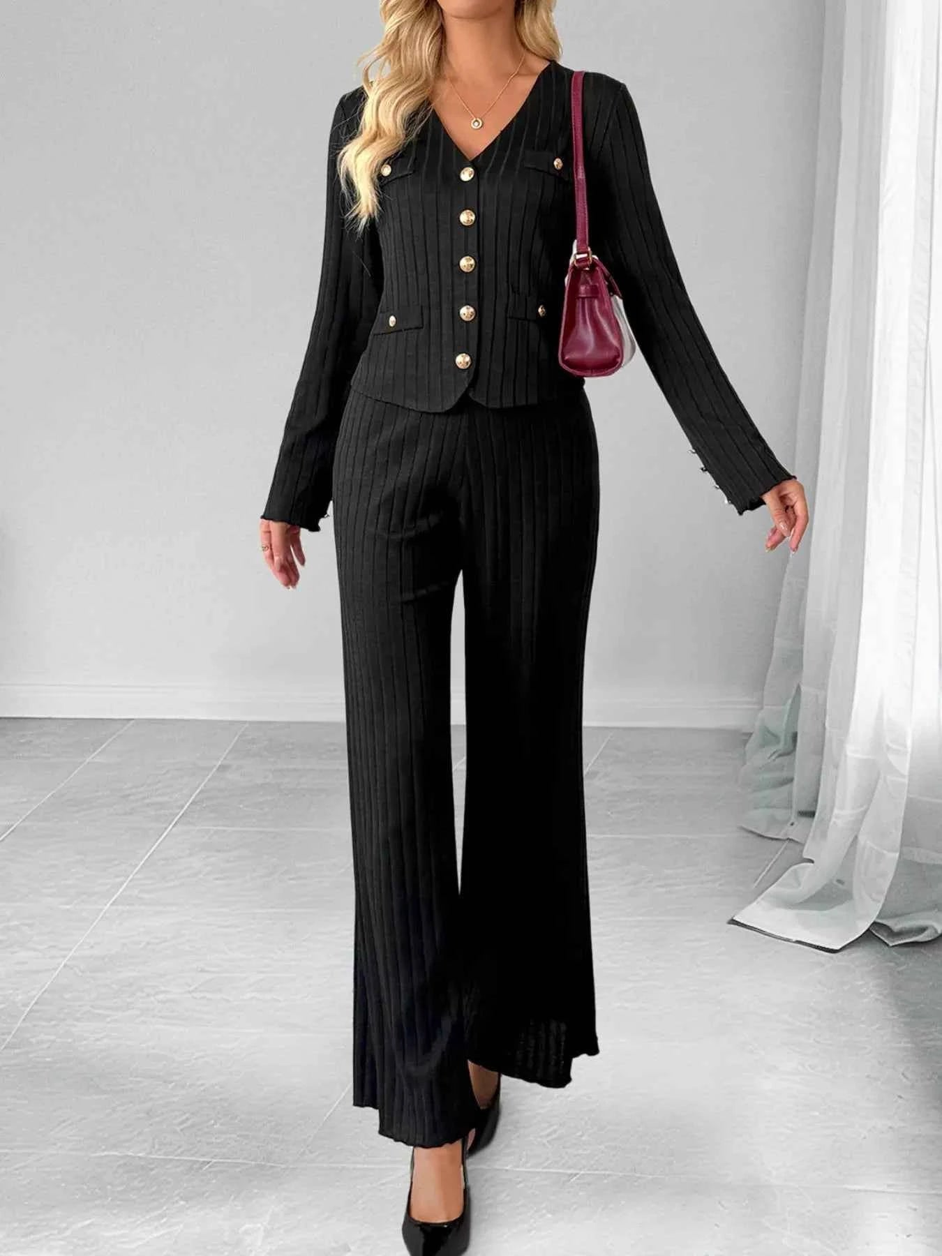 Ribbed Knit Cardigan & Wide Leg Pants Set