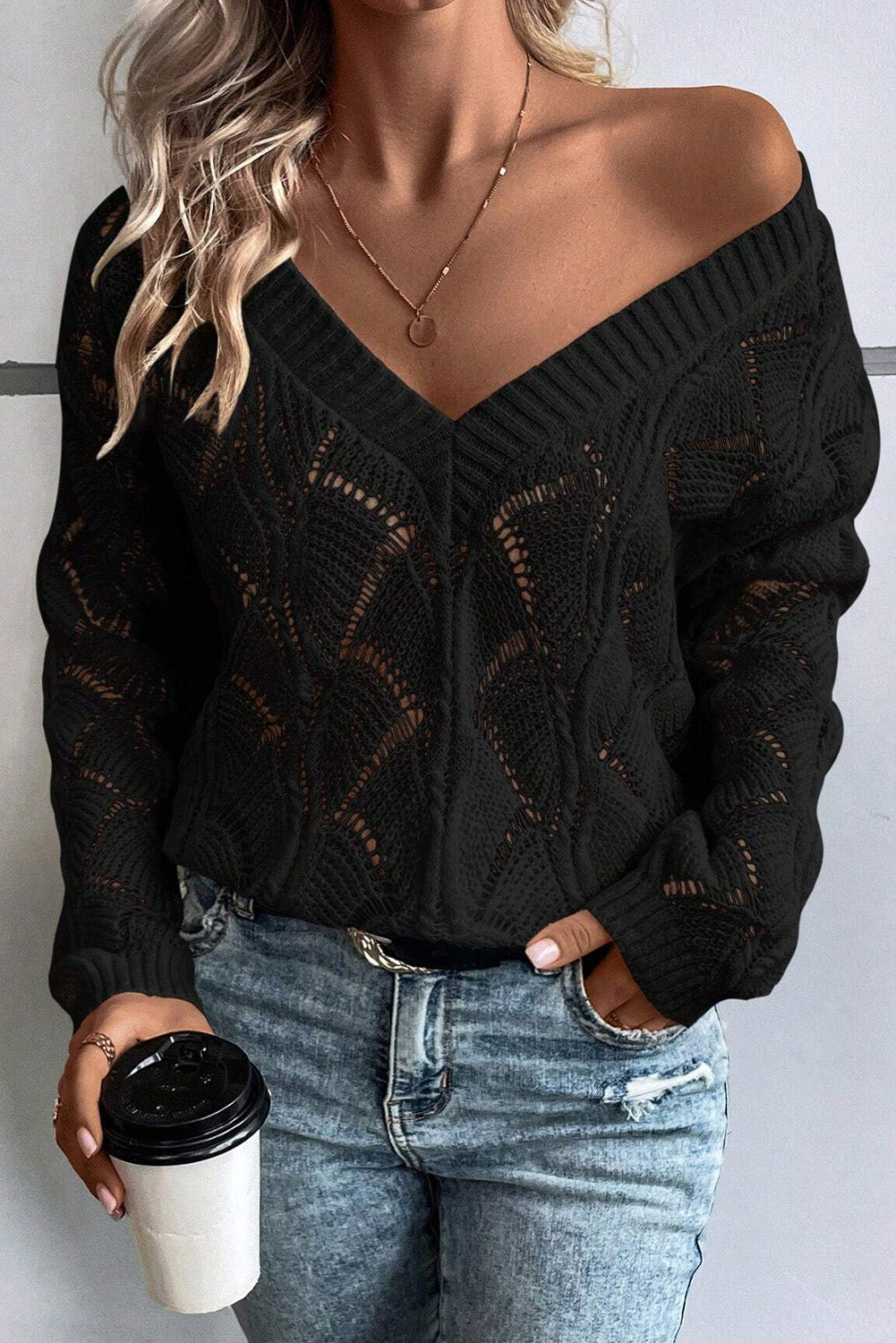 Black Hollow Out Knit V Neck Drop Shoulder Sweater Dear-Lover Dropshipping