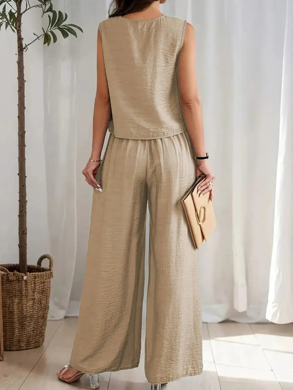 Round Neck Sleeveless Top and Wide Leg Pants Set.