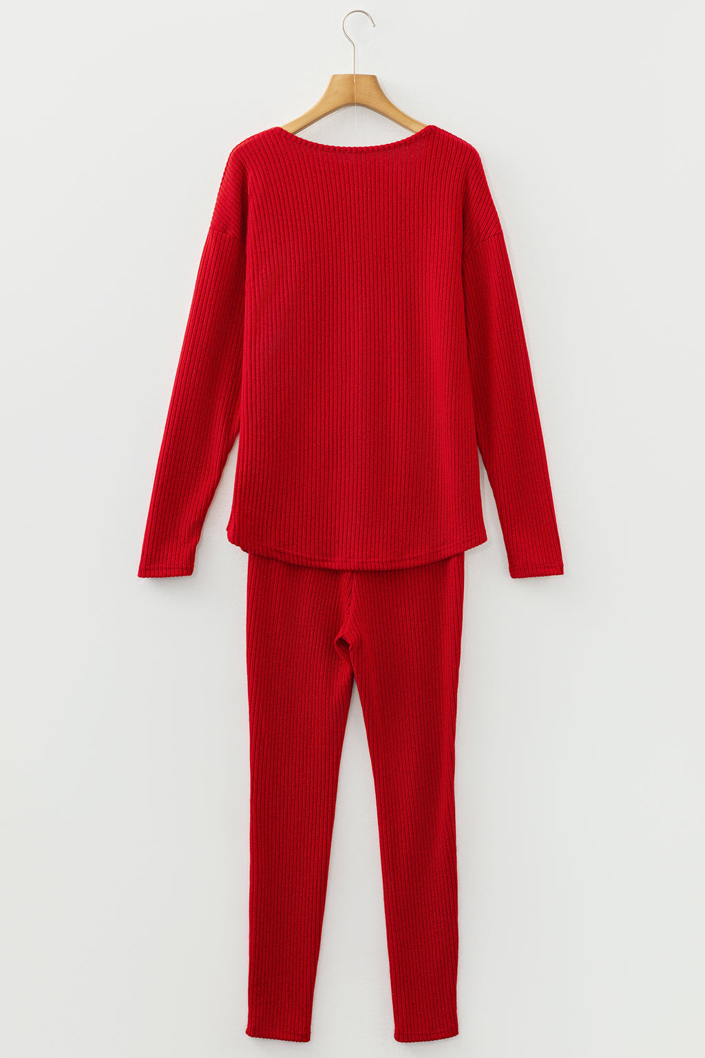 Racing Red Ribbed Notched Neck Knit Long Sleeve Leggings Two Pieces Lounge Set