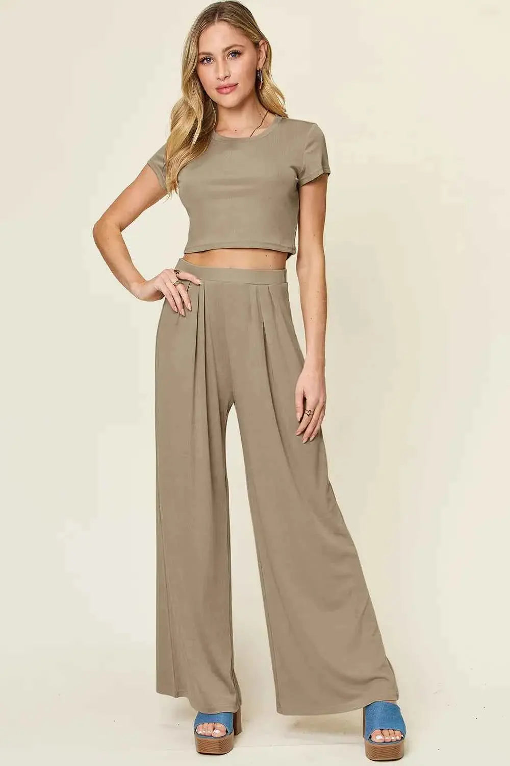 Double Take Full Size Round Neck Top and Pants Set.