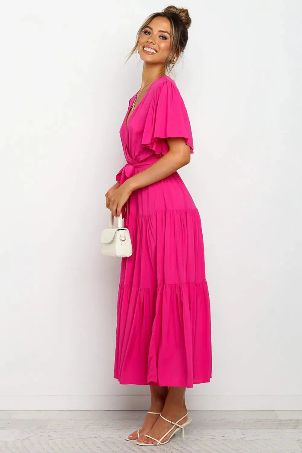 Tied Tiered Short Sleeve Midi Dress.