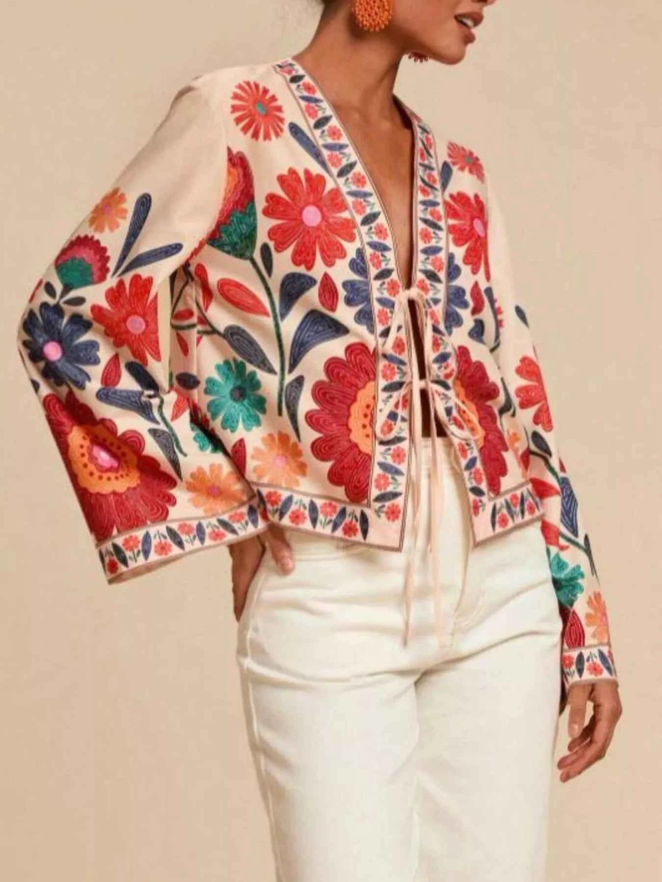 Floral Embroidered Tie-Front Shirt
