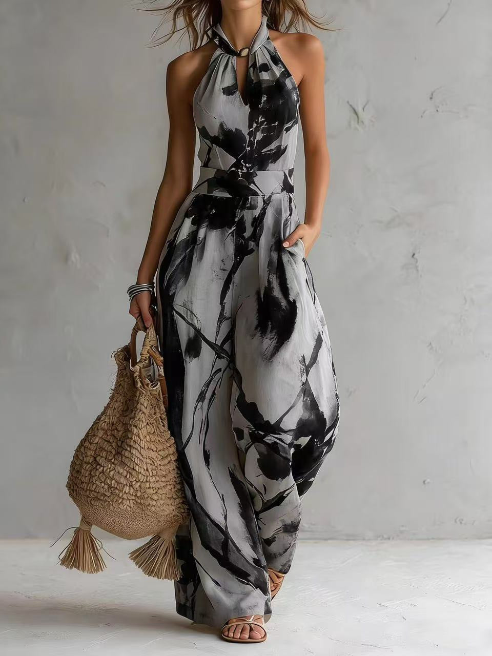 New halter backless jumpsuit, blue and white tie-dye wide-leg pants, summer beach women's wear eprolo