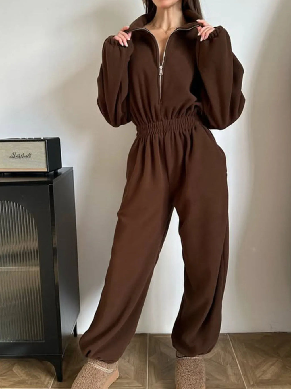Zip Front Long Sleeve Jumpsuit.