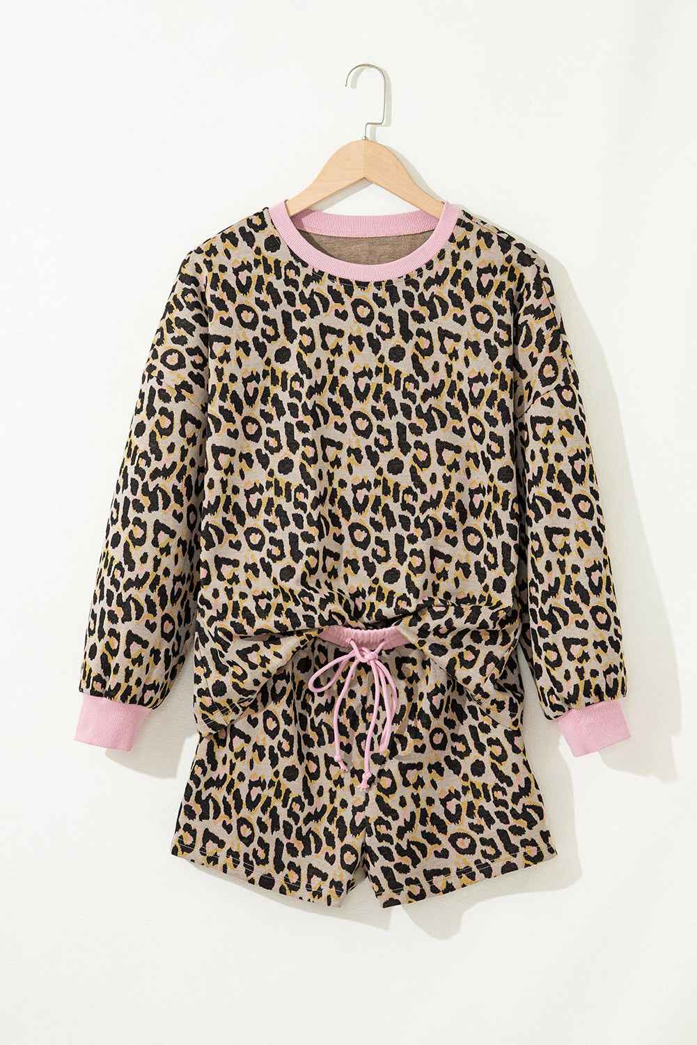 Pink Leopard Print Contrast Edge Long Sleeve Pullover Shorts Set