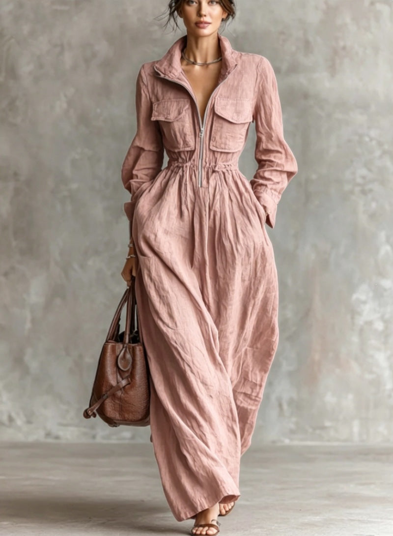 Women's Zipper Collar Elastic Waist Long Dress eprolo