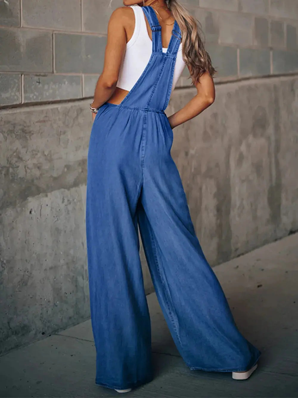 Distressed Wide Leg Denim Overalls.