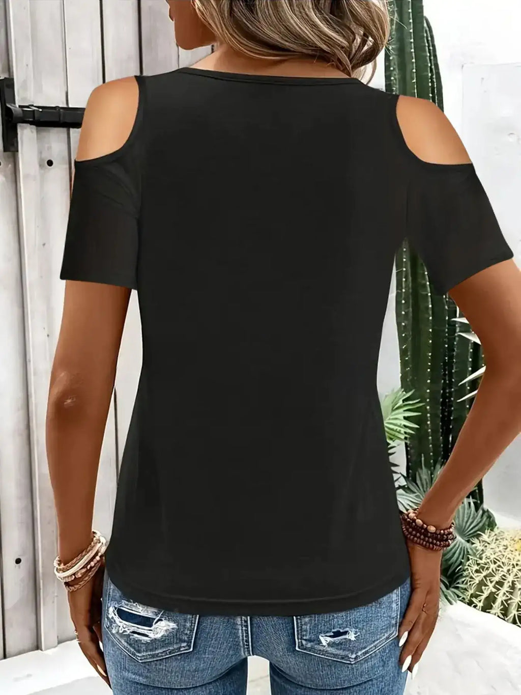 Cold Shoulder T-Shirt with Metal Ring Detail.