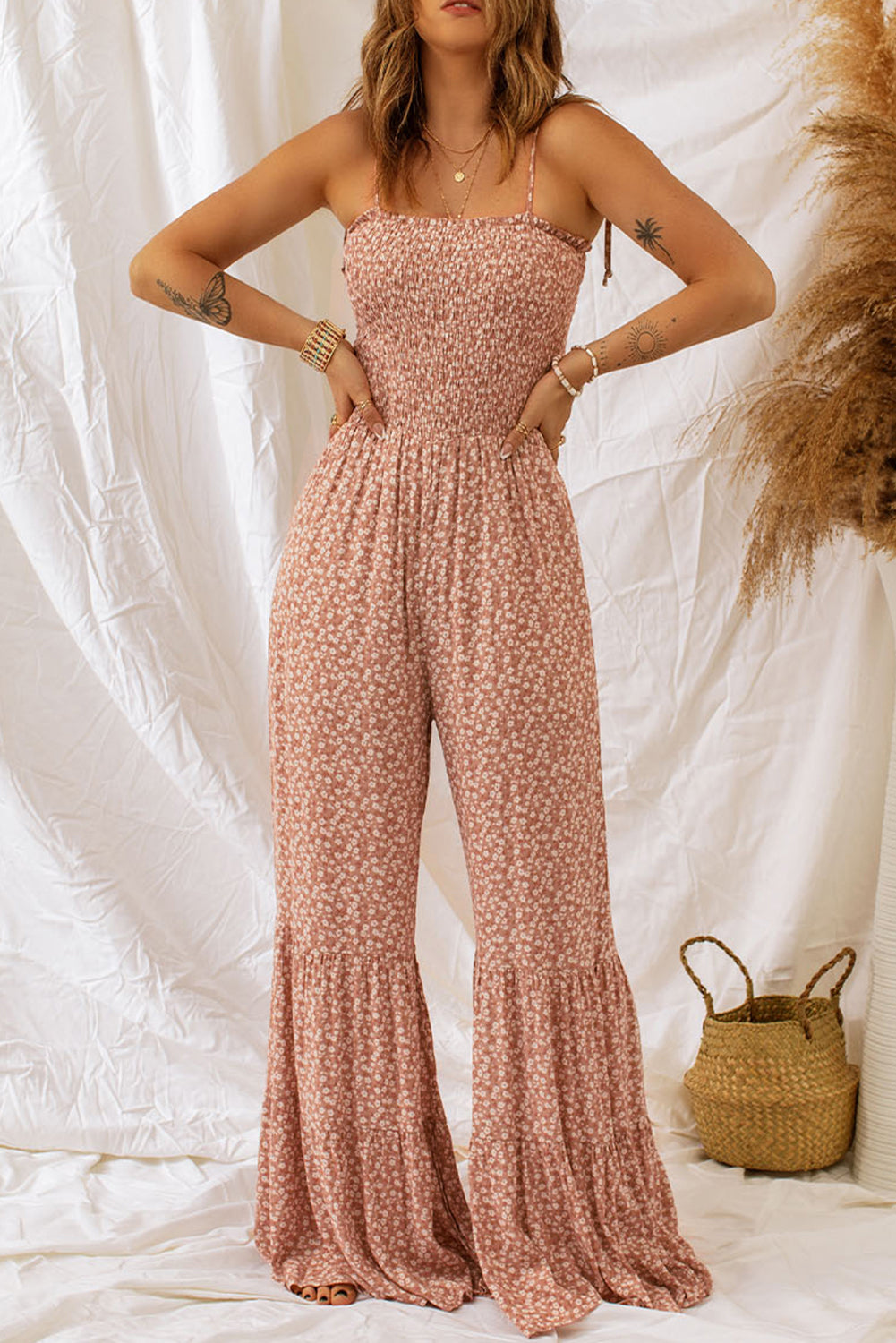Khaki Thin Straps Smocked Bodice Wide Leg Floral Jumpsuit Dear-Lover Dropshipping