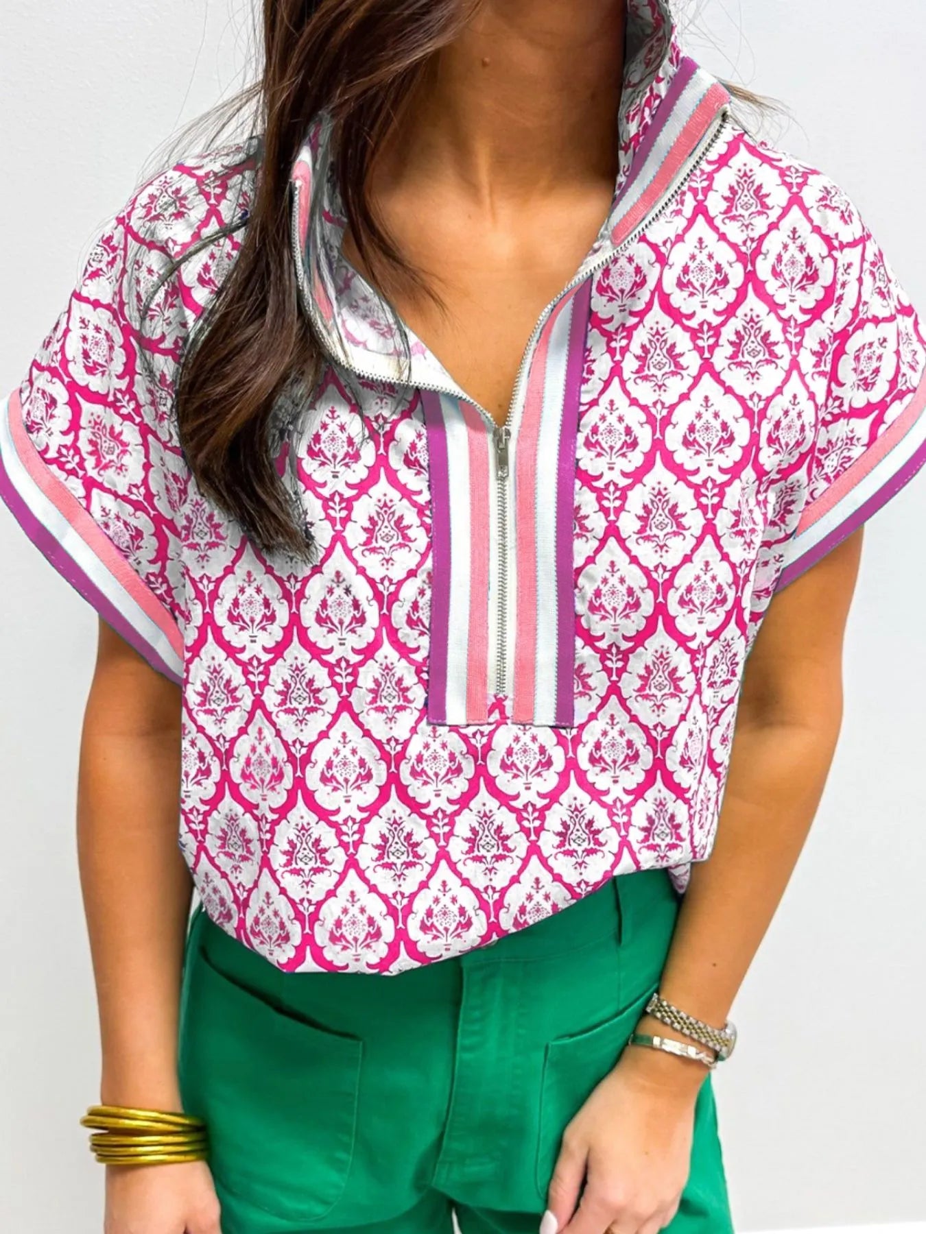 Printed Half Zip Short Sleeve Blouse.