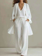 Womens V-Neck Cardigan Pants Three Piece Polyester Set