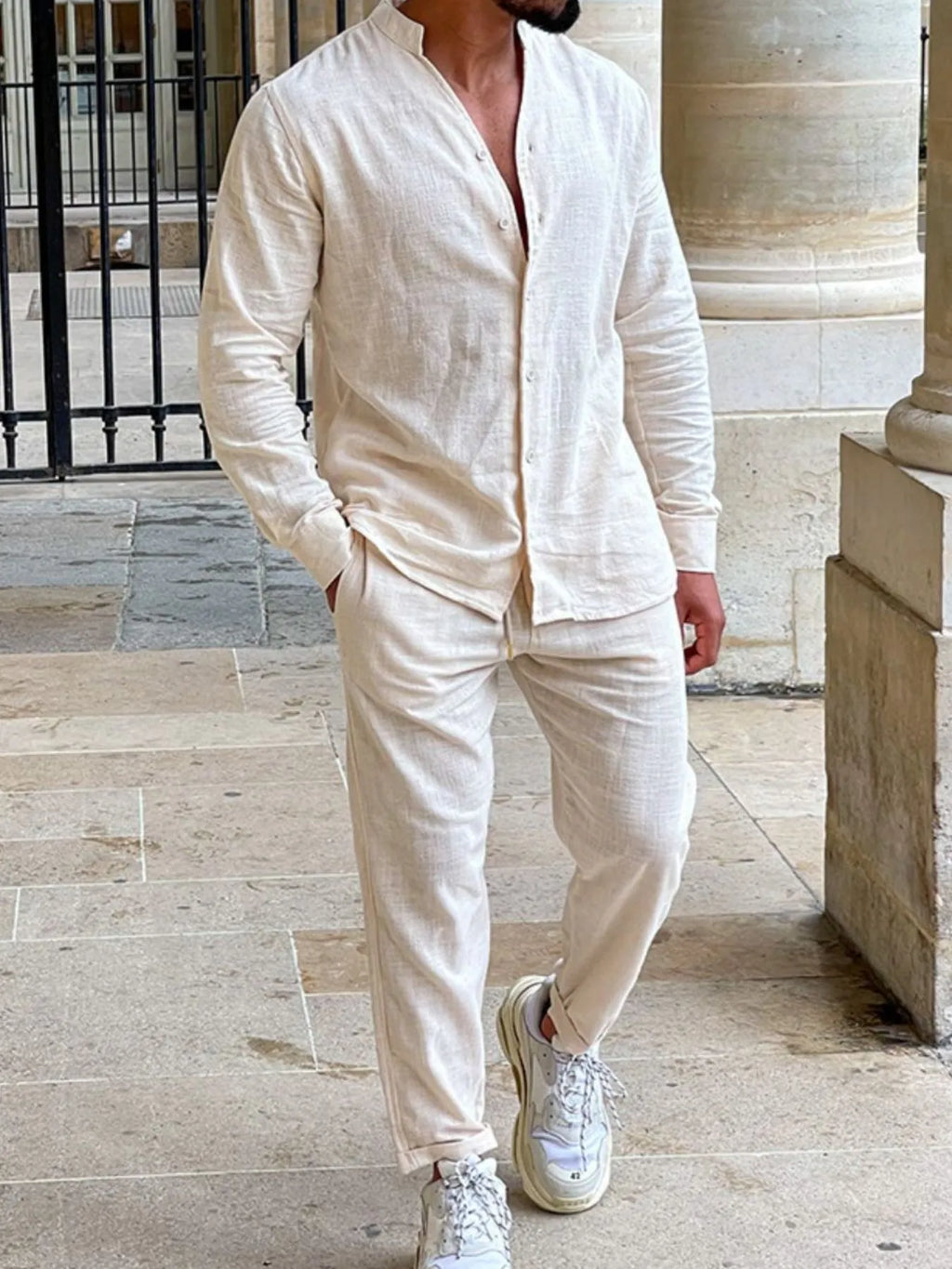 Men's Button Up Long Sleeve Top and Pants Set.