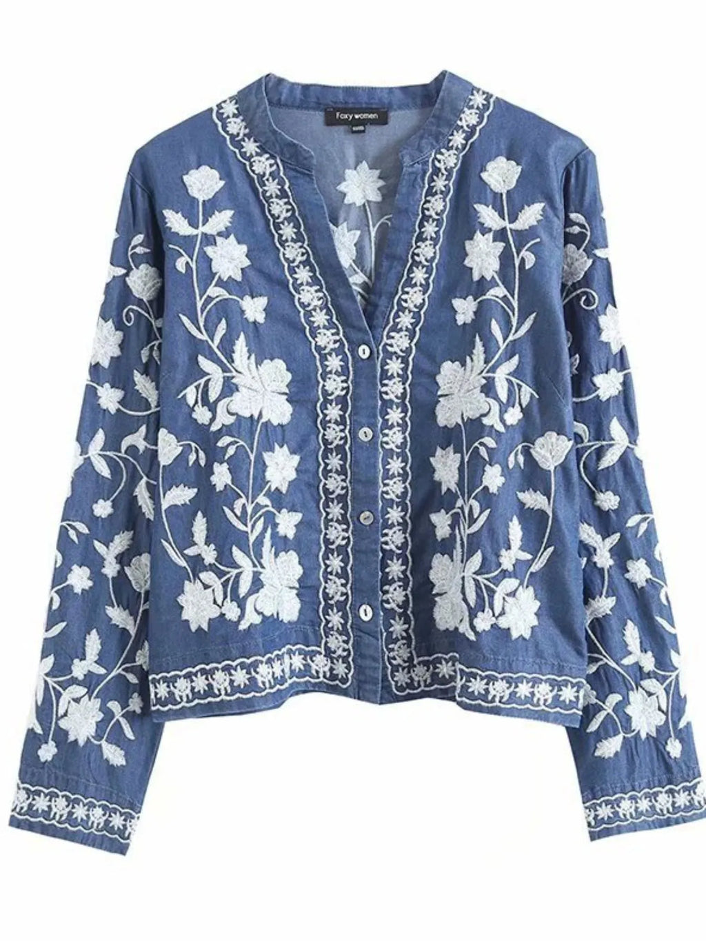 Floral Embroidered Button Up Denim Shirt.
