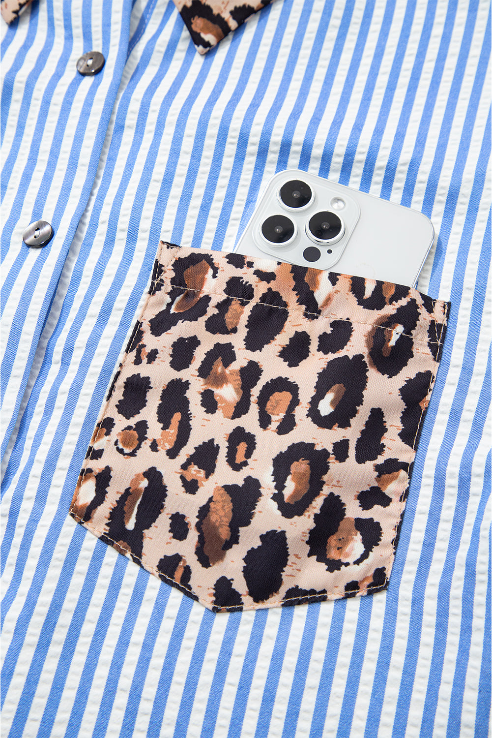 Sky Blue Striped Leopard Print Patchwork Button Up Womens Shirt Dear-Lover Dropshipping