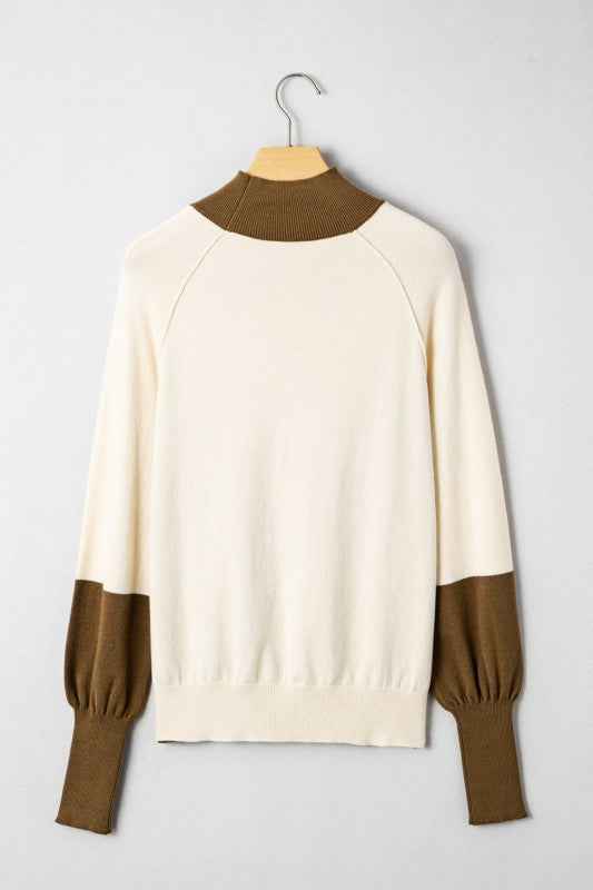 Colorblock Raglan Puff Sleeve Mock Neck Sweater
