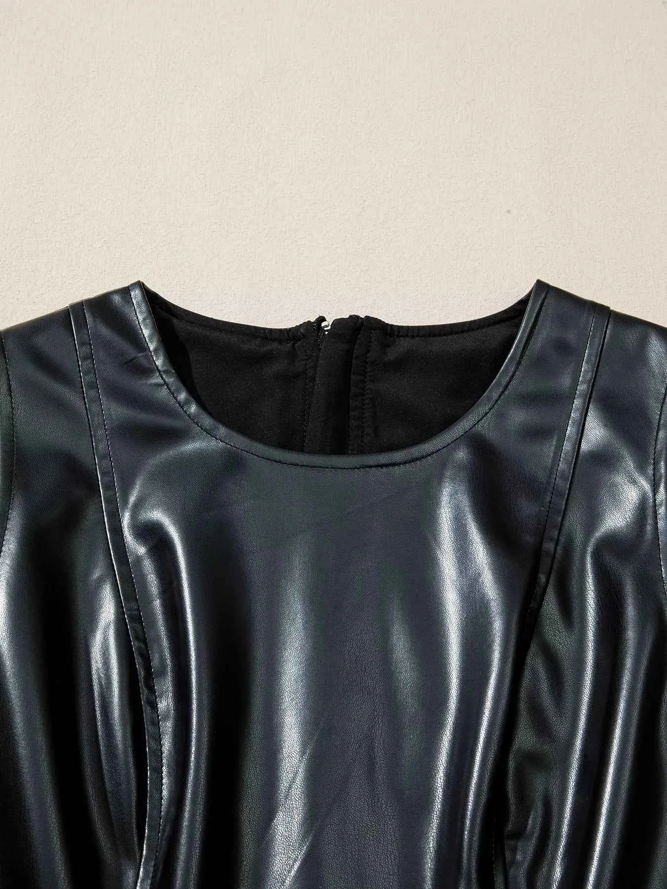 Faux Leather Ruffle Hem Sleeveless Mini Dress